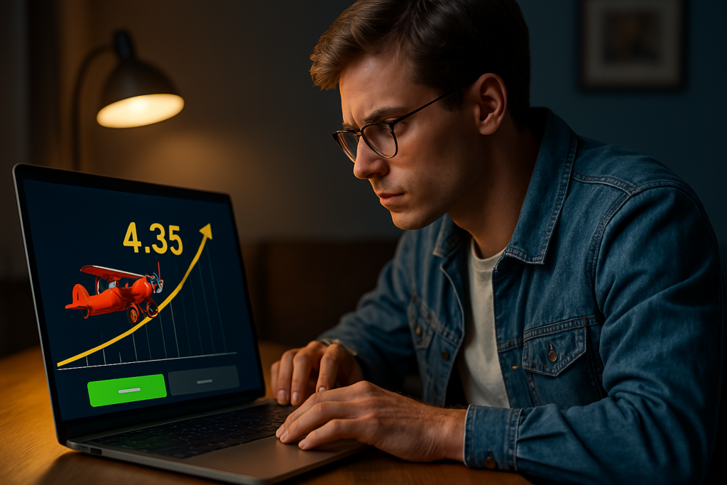 Gənc kişi laptopda Aviator oyunu oynayır, ekranda qırmızı təyyarə və 4.35 əmsal