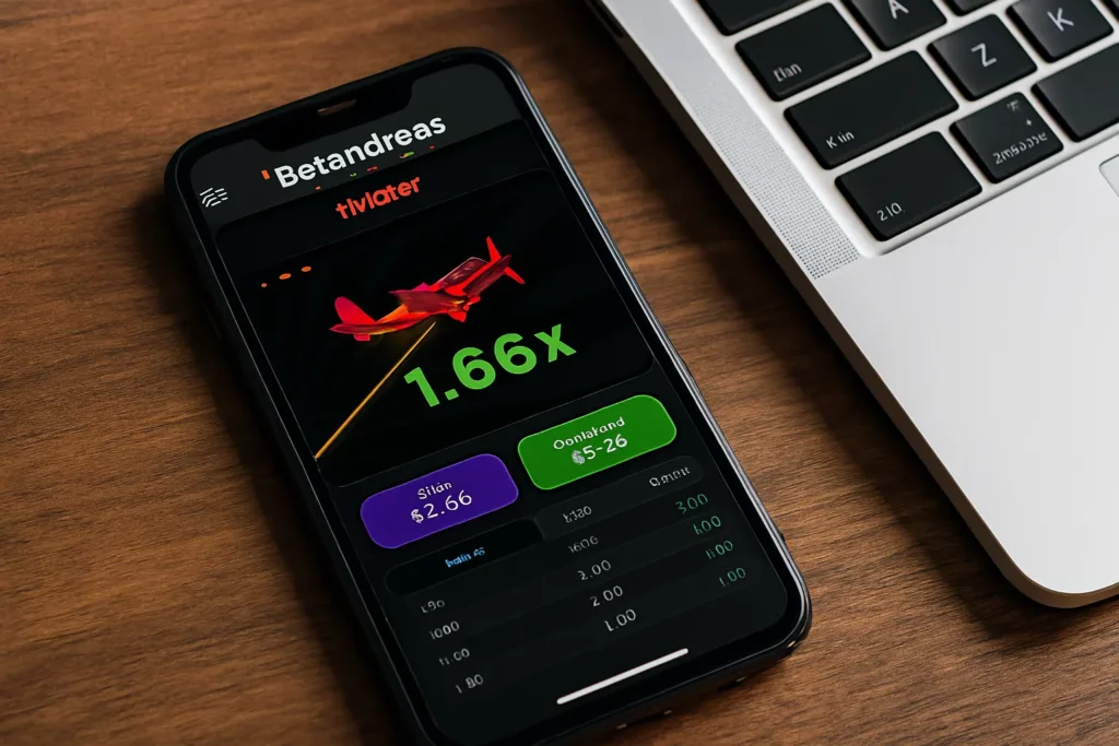 Mobil telefonda Betandreas Aviator oyunu, 1.66x əmsal və mərc məlumatları göstərilir