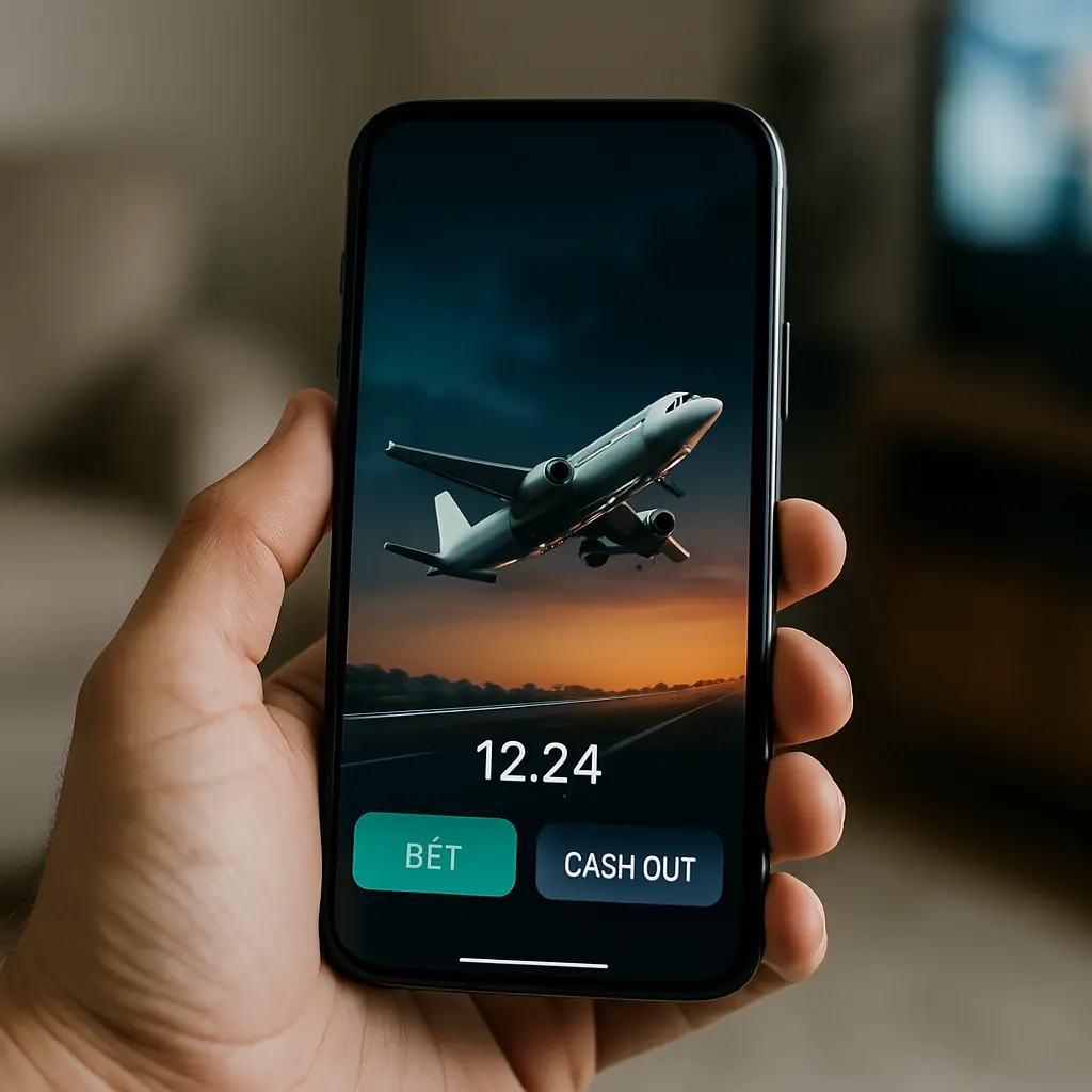 Telefon ekranında təyyarə uçuşa başlayır, 12.24 əmsal və 'Cash Out' düyməsi
