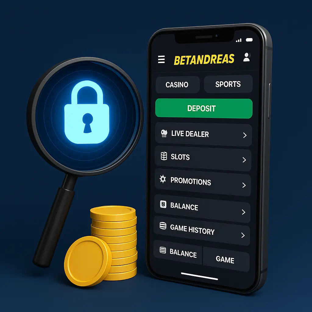 Betandreas ऐप में सुरक्षा और कैसीनो विकल्पों को दर्शाता स्क्रीन