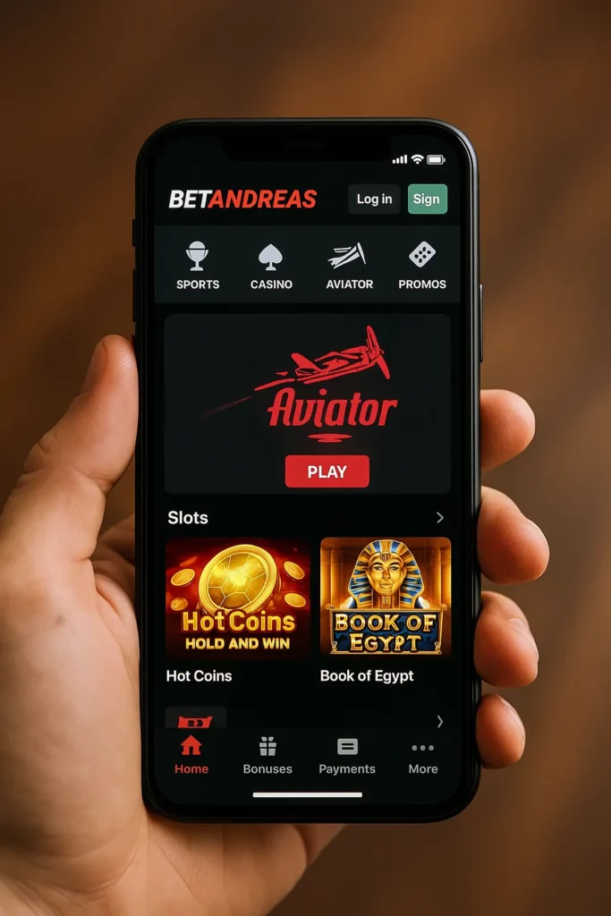 Смартфондағы Betandreas қосымшасының басты беті, Aviator ойыны және слоттар көрсетілген