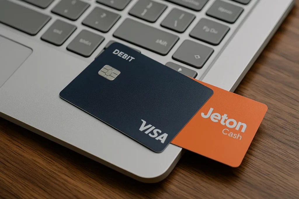 Ноутбук пернетақтасына қойылған Visa және Jeton төлем карталары